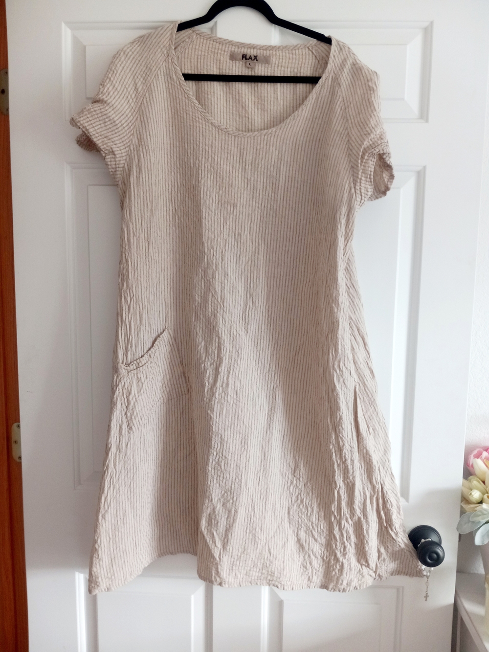 Flax Cream and Tan Short-Sleeve Linen DRESS...pretty And Unique!